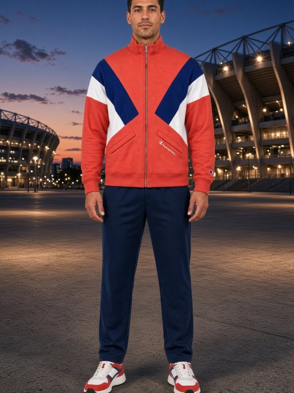 Champion Men Coral Red Reverse Weave Zip Track Jacket Colorblock Sport Soft US S